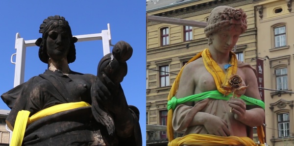 Socha Ušlechtilosti před restaurováním a zrestaurovaná socha Krásy, která se na své místo vrátila po 10 letech. Zdroj Národní muzeum